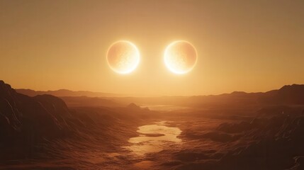 A breathtaking view of a binary star system setting over a desert landscape, illuminating the horizon at dusk