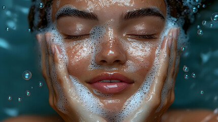 Canvas Print - A serene close-up of a person enjoying a cleansing facial treatment.