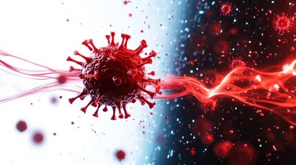 Sticker - Virus illustration with dynamic red and blue background, isolated on white.