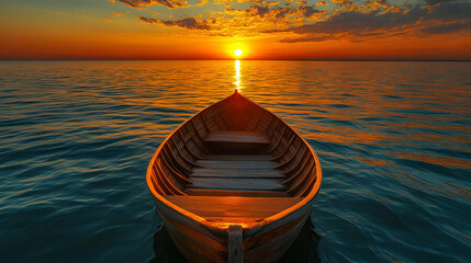 Wall Mural - A serene boat at sunset on calm waters, evoking tranquility.