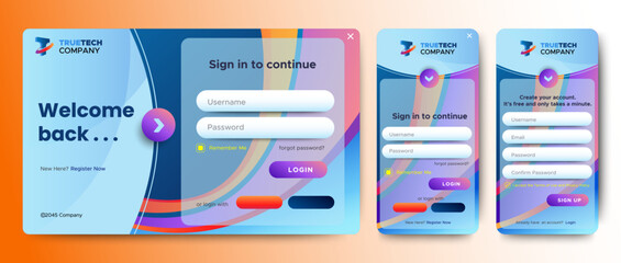 Wall Mural - set of sign up and sign in forms. colorful gradient. mobile registration and login forms page. profe