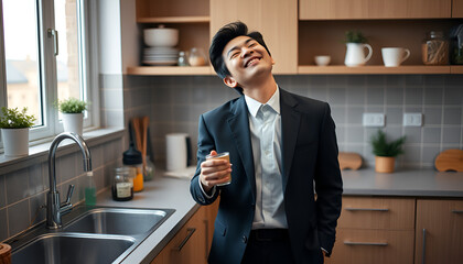 portrait sleepy Japanese asian man standing by kitchen sink in business suit is putting coffee on the table after yawning in the morning before work from home.