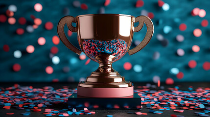 Sticker - A shiny trophy surrounded by colorful confetti on a table.