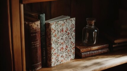 Wall Mural - Vintage books and glass jar on a wooden shelf in warm lighting