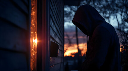 Canvas Print - A hooded figure stands near a door at sunset, creating a mysterious mood.