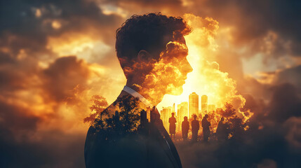 Wall Mural - Silhouette of a man with a cityscape and sunset background.