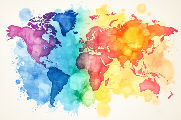 Rainbow water color splatter art style World map