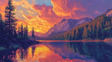 Sticker - AI-created landscape of a mountain lake, reflecting the vibrant hues of a dramatic sunset, with pine trees on the shore.