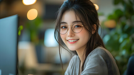 Wall Mural - Young woman smiling at a computer in a modern workspace.