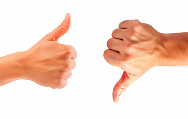 Hands showing opposition, thumbs up and thumbs down gestures on white background