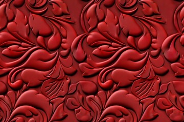 A close-up shot of a rich red embossed pattern with a floral motif.