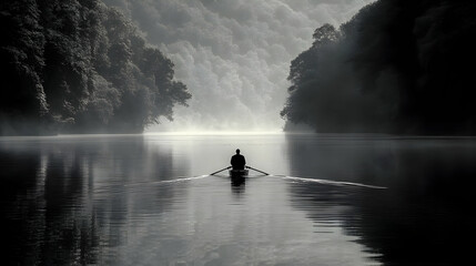 Sticker - A solitary figure rows peacefully on a misty river at dawn.