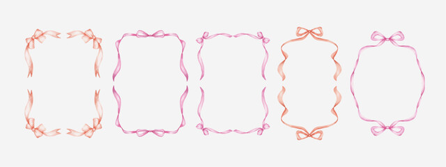 ribbon bow frame border set watercolor art style for christmas or valentine banner, invitation, card