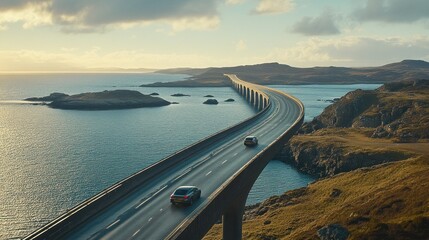 A long, winding bridge stretches across the sea towards a rocky coastline, with two cars driving on the road. The sky is cloudy and the sun is setting.