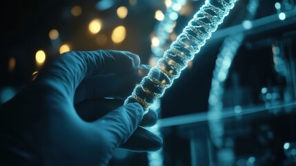 Wall Mural - futuristic hand reaching towards glowing dna helix in a high-tech laboratory setting with blue and o