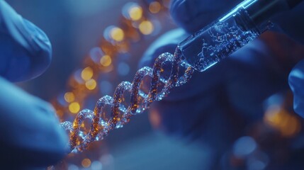 Wall Mural - close-up of scientist handling dna helix with pipette in laboratory setting with blue and orange lig