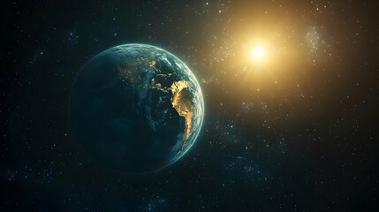 Wall Mural - A stunning view of Earth illuminated by the sun in space.