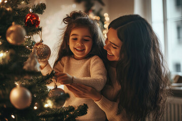 Sticker - Mother and daughter joyfully decorating a Christmas tree with colorful ornaments and glittering lights, creating a festive and heartwarming holiday atmosphere.