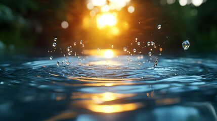 Poster - Sunlight reflecting on water with droplets creating ripples.