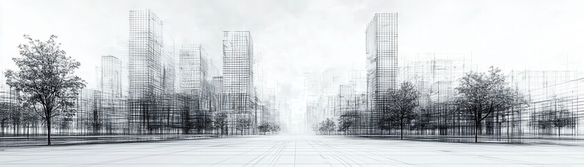 Architectural wireframe of a modern urban street with high-rise buildings and trees lining the road in a city development plan