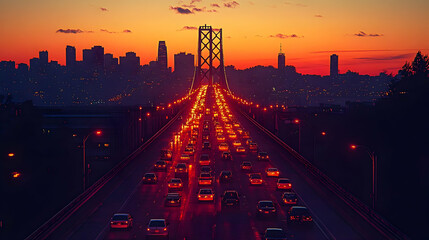 Sticker - Sunset view of a busy bridge leading into a city skyline.