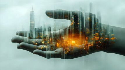 Wall Mural - A hand cradles a glowing cityscape, blending human and urban elements.