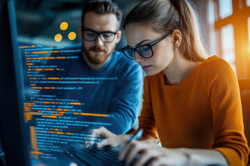 Focused programmers collaborating on code in a modern workspace, showcasing teamwork and technology in action.