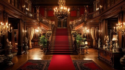 A luxurious room with a red carpet leading to a grand staircase, sparkling chandeliers above and elegant decor surrounding.