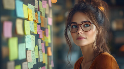 Poster - A young woman with glasses gazes thoughtfully at colorful sticky notes.