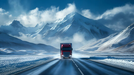 Poster - A red truck traveling on a snowy road with mountains in the background.