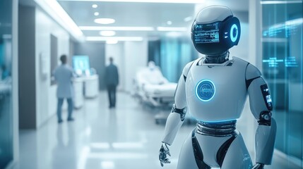 AI robot aiding healthcare professionals with patient data management and analysis in a futuristic clinic