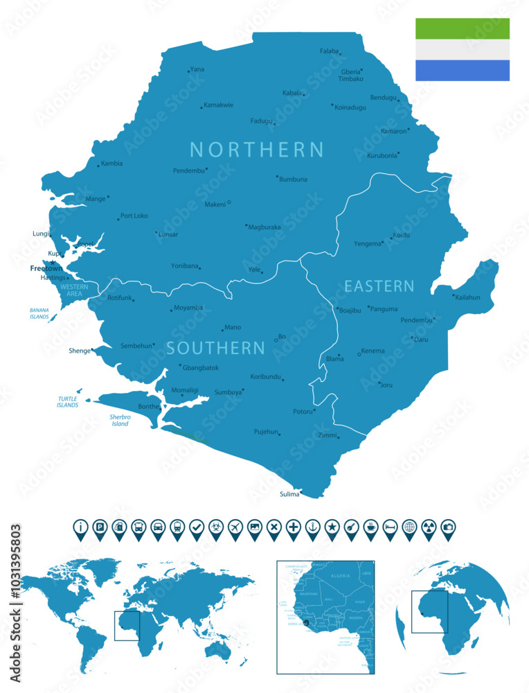 Sierra Leone - detailed blue country map with cities, regions, location ...