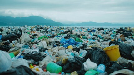 Aerial view of an overwhelming landfill site with towering mounds of accumulated waste