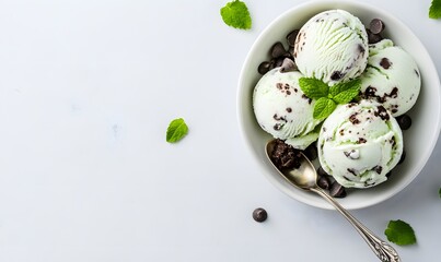 Wall Mural -  Organic Green Mint Chocolate Chip Ice Cream with a Spoon, Generative AI