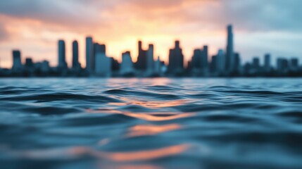 Dramatic cityscape of a modern metropolis with towering skyscrapers and high rises submerged in the rising waters of the sea as a result of global warming and climate change  The scene has a blurred