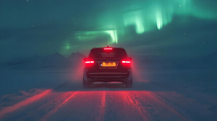 Wall Mural - Car driving on snowy road under the northern lights.