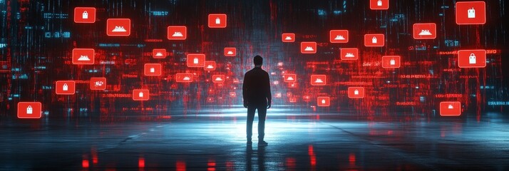 A lone hacker stands in a digital maze filled with red 