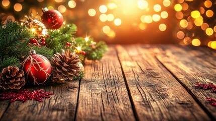 Empty wooden table in a warm Christmas scene, offering space for festive displays or holiday product setups, with decorations surrounding.