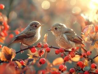 Two Birds Perched on a Branch with Red Berries in Autumn