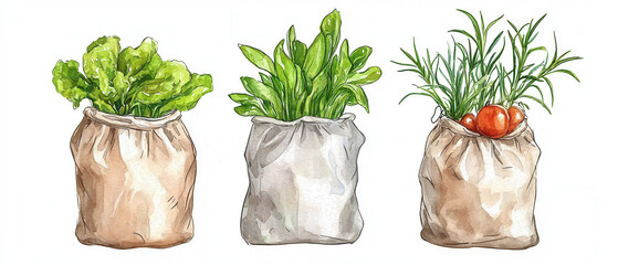 Three fabric bags filled with fresh vegetables and herbs on a white background.