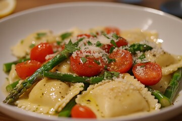 Ravioli with Tomatoes, Asparagus, Garlic and Herbs is a delicious Italian dish that is perfect for a light lunch or dinner. The ravioli is filled with a savory cheese filling and topped with fresh tom