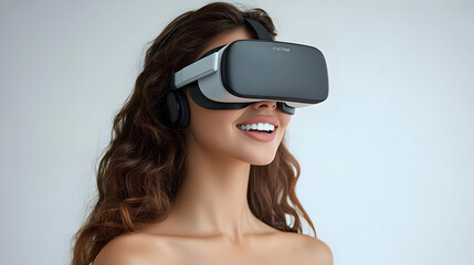 Poster - Woman wearing virtual reality headset, smiling with excitement.