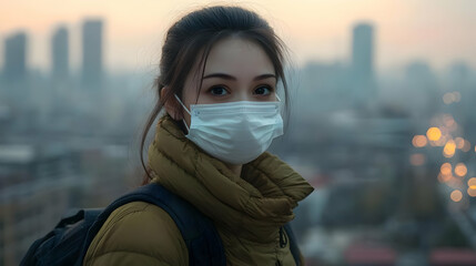 Poster - A woman wearing a mask stands outdoors in a cityscape at dusk.