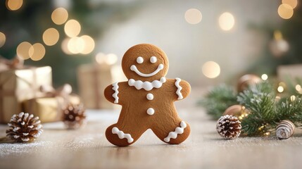 Festive gingerbread man surrounded by holiday decorations