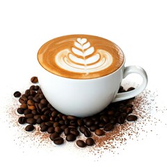 A cappuccino with leaf latte art, surrounded by coffee beans and a sprinkle of cocoa.