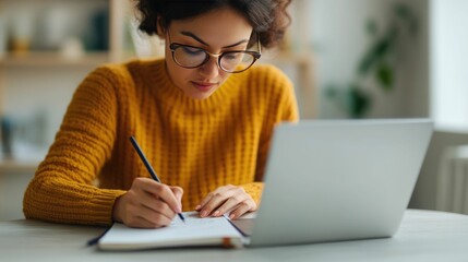 Young Korean Woman Attentively Watching a Laptop Screen and Taking Notes in a Notebook While Studying or Participating in an Online Lecture or Virtual Learning Session from Her Home Office Desk