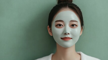 Wall Mural - Portrait of a young Korean woman applying a green clay facial mask in her bathroom as part of her daily skincare routine and beauty care regimen  Her hair is tied up