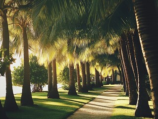 Canvas Print - A row of palm trees lining a tropical resort, their leaves providing shade and tranquility