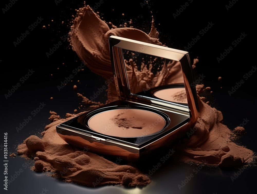 Product photography of a powder compact, with brown and beige colors ...