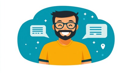 happy man with glasses and a beard surrounded by chat bubbles
